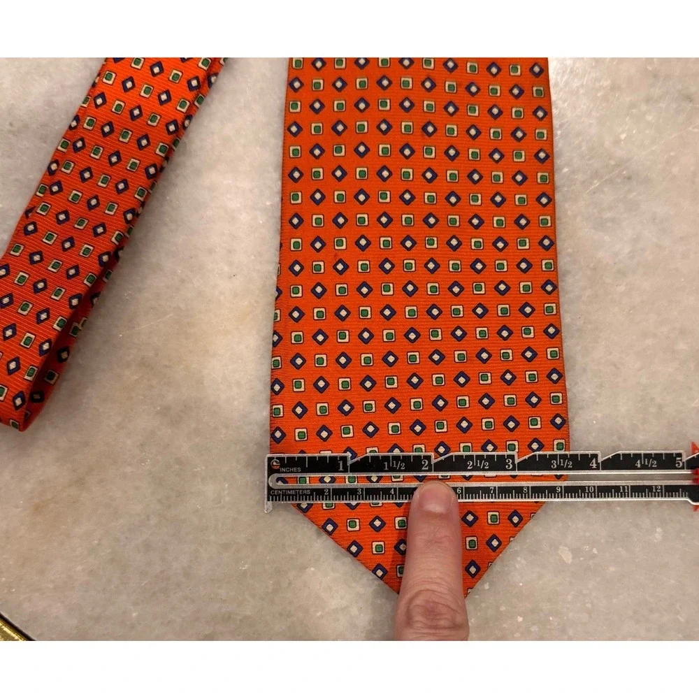 Lauren Ralph Lauren Mens Orange Geometric Silk Tie Hand Finished Made in USA
